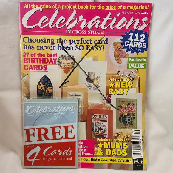 Celebrations in Cross Stitch Magazine UK Feb 1996 112 Card Designs Free Gift B8 - Picture 1 of 10
